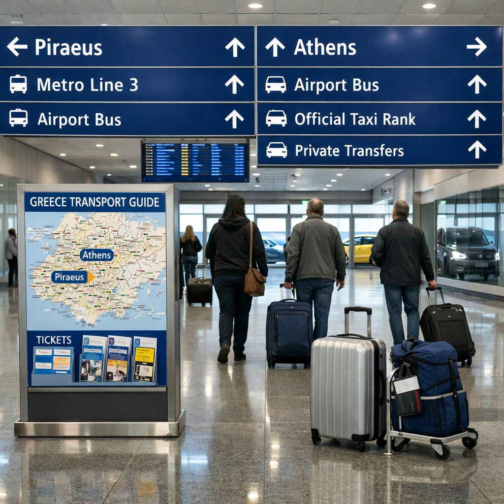 Athens ATH Airport arrivals concourse with Piraeus map, travelers, Metro Line 3, buses, taxis, and transfer signs.