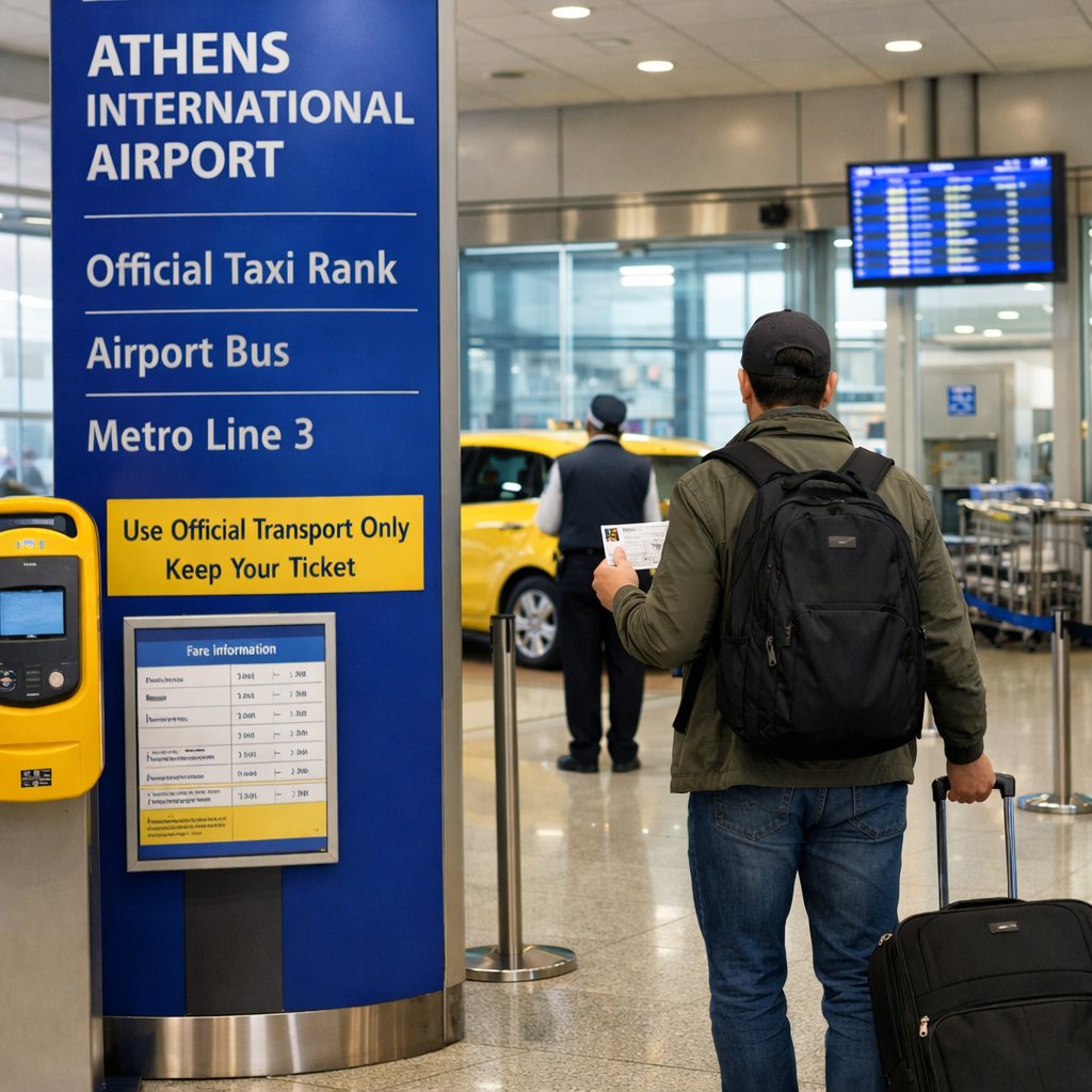 athens ath airport arrivals hall with traveler, official taxi, transport ticket, and clear wayfinding signs