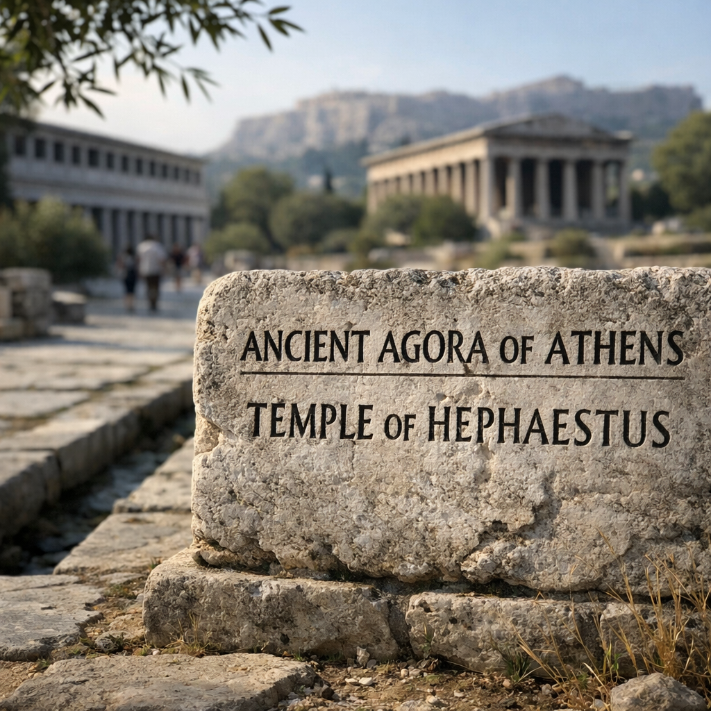 Weathered marker reading u201cANCIENT AGORA OF ATHENSu201d and u201cTEMPLE OF HEPHAESTUS,u201d with ruins softly blurred behind.