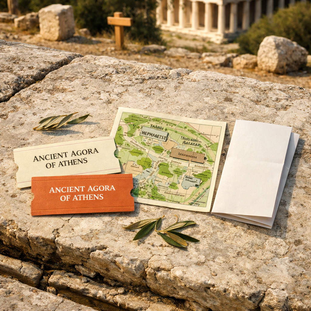 Overhead ancient agora of athens flat lay with tickets, English site map, leaflet, olive leaves, paving, and Temple of Hephaestus.