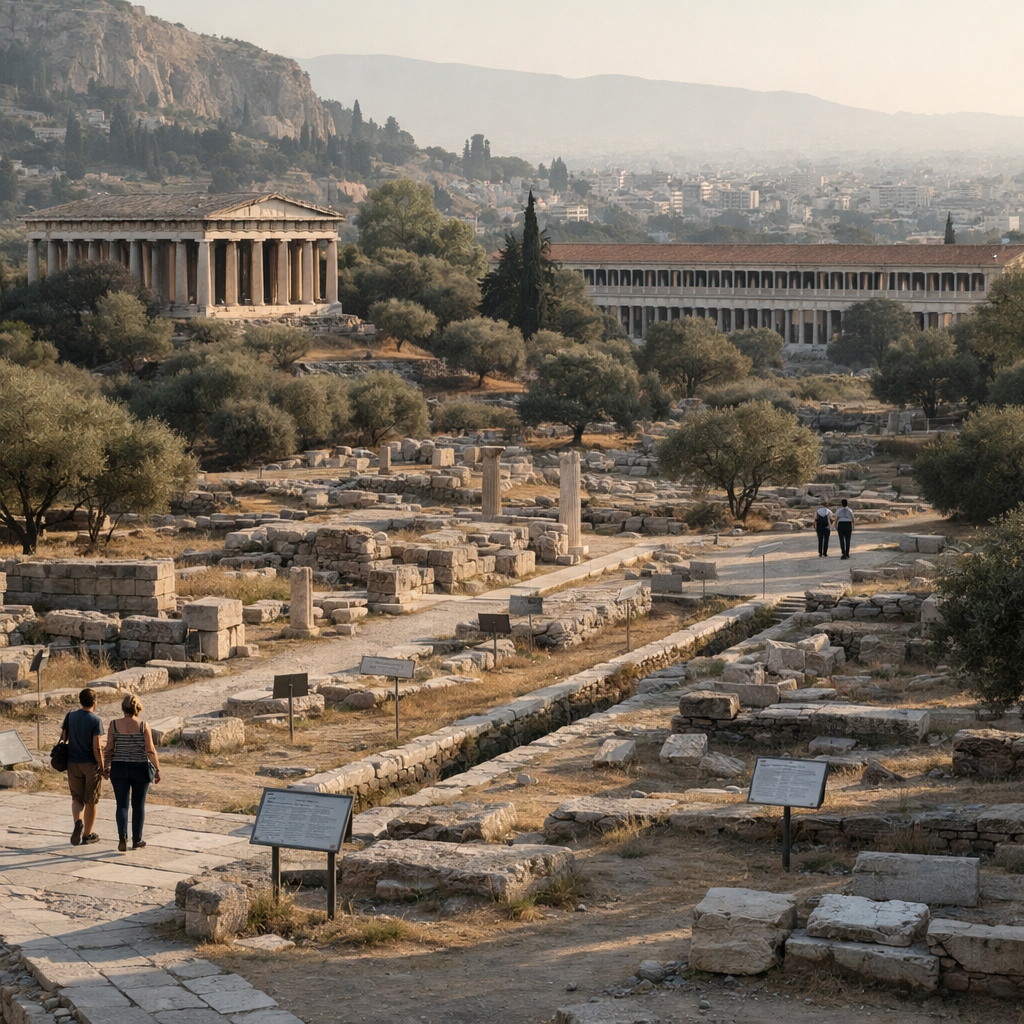 Wide view of ancient agora of athens with Temple of Hephaestus, Stoa of Attalos, ruins, paths, olive trees, and visitors.