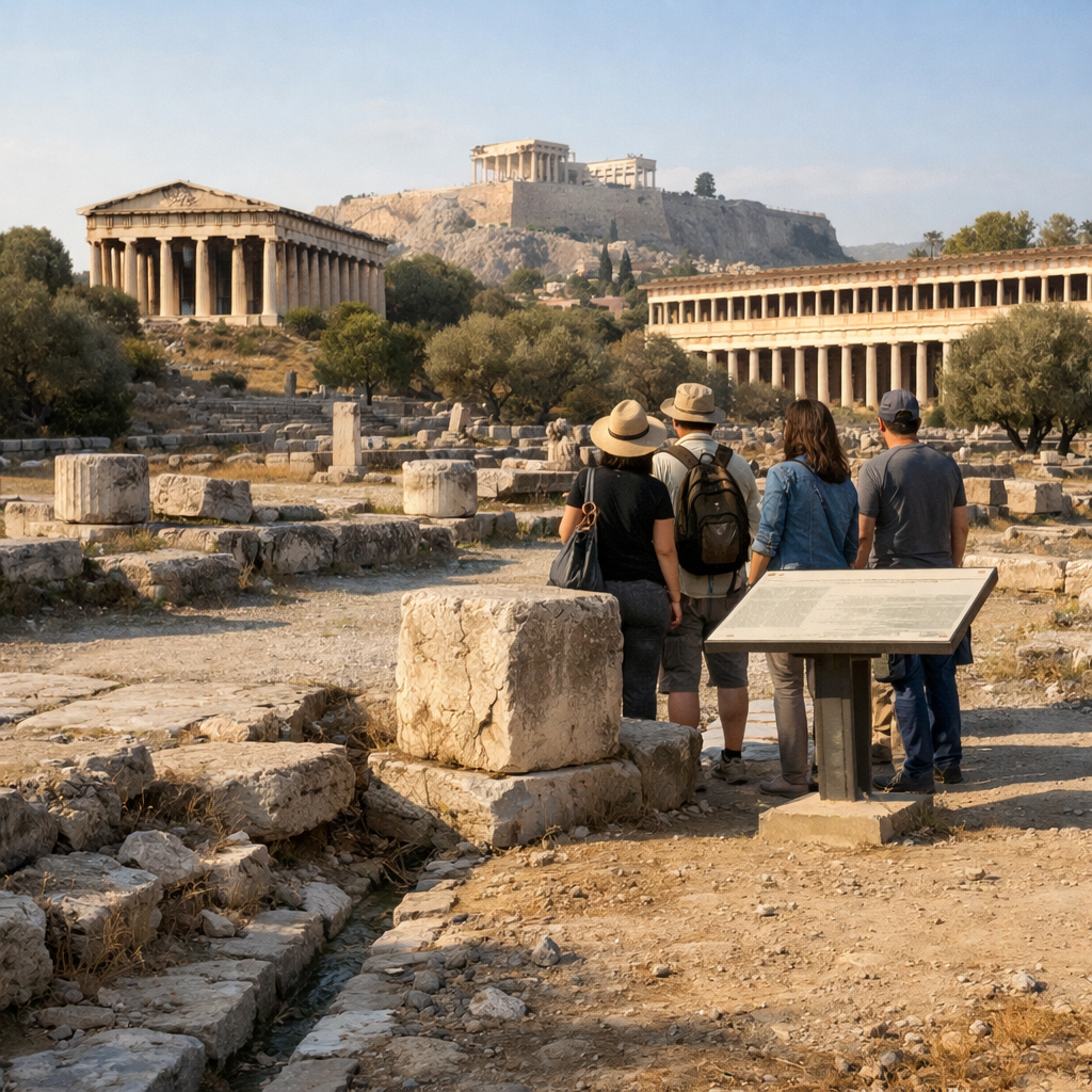 Visitors explore the ancient agora of athens beside ruins, with the Temple of Hephaestus and Stoa of Attalos visible.