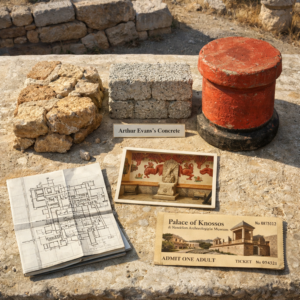 Overhead comparison of Bronze Age masonry and Evans’s concrete restoration at palace knossos crete, with Minoan artifacts and documents.