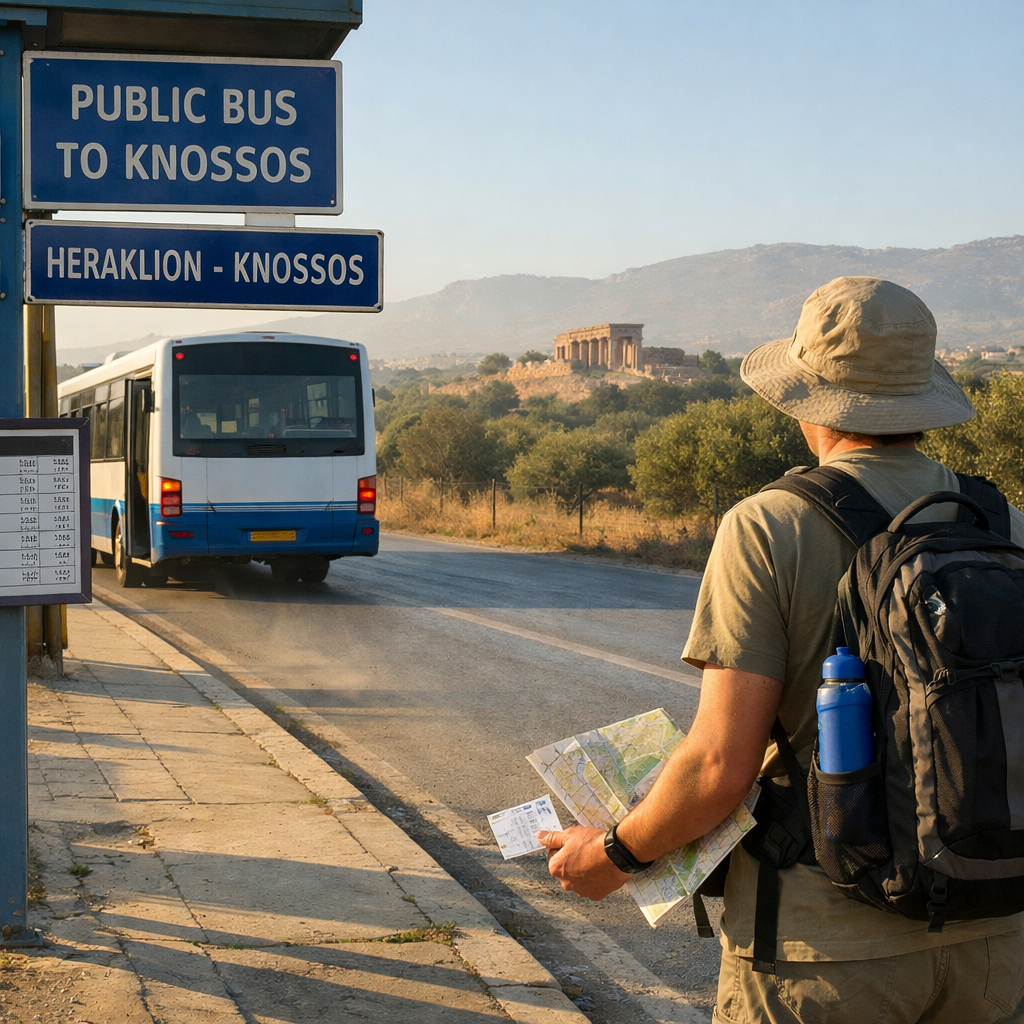 Visitor with daypack at Heraklion bus stop, bus and route to palace knossos crete visible beyond.