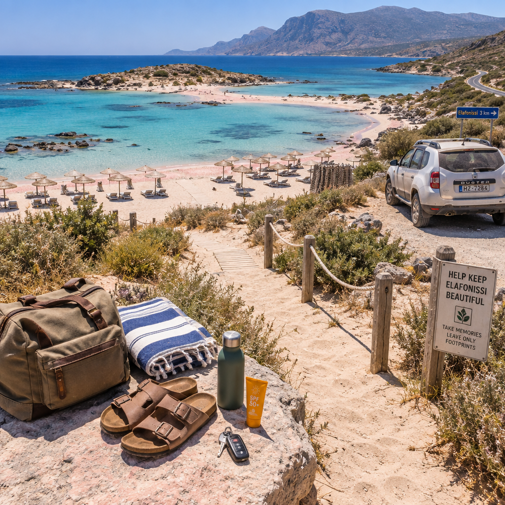 Overhead elafonissi beach departure scene with packed bag, towel, sandals, water bottle, car keys, lagoon, and rental car.