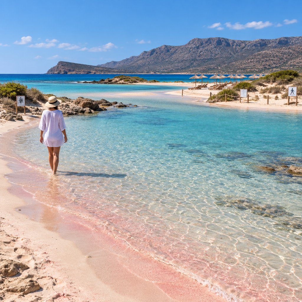 Elafonissi beach with a visitor walking ankle-deep along a calm turquoise lagoon beside pink-tinted sand and dunes.