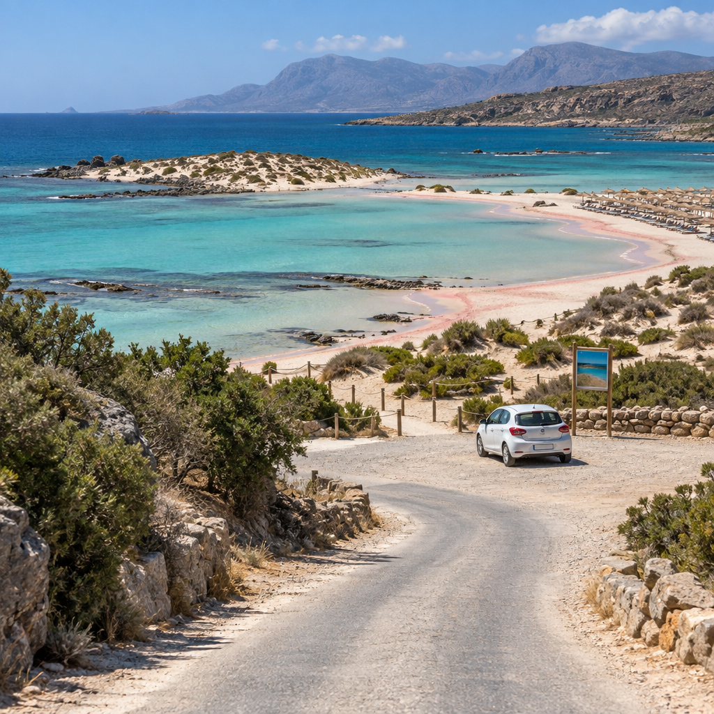 Road to elafonissi beach with a rental car, turquoise lagoon, pink-streaked sand, umbrellas, rugged coast, and distant mountains.
