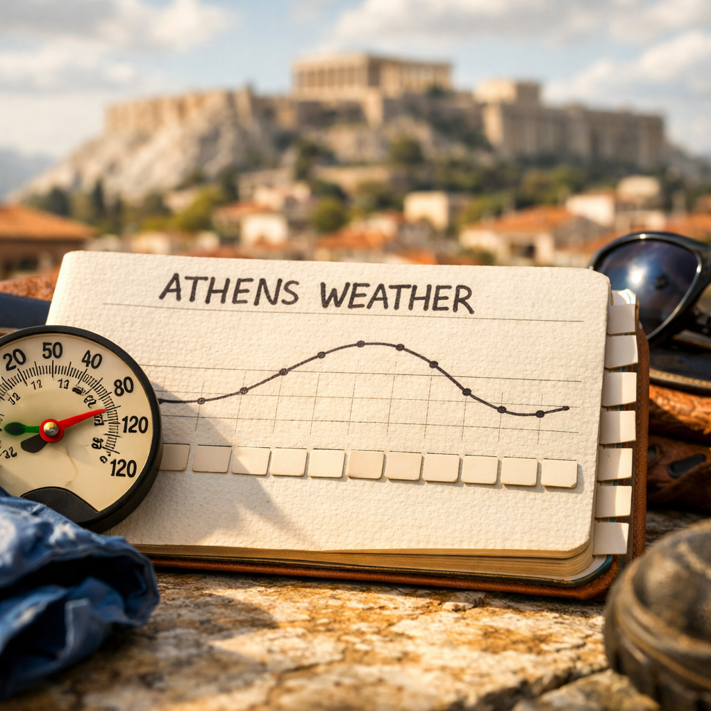 Greece weather Athens journal with thermometer, sunglasses, jacket, and shoes on a sunny cafu00e9 table; blurred Acropolis beyond.