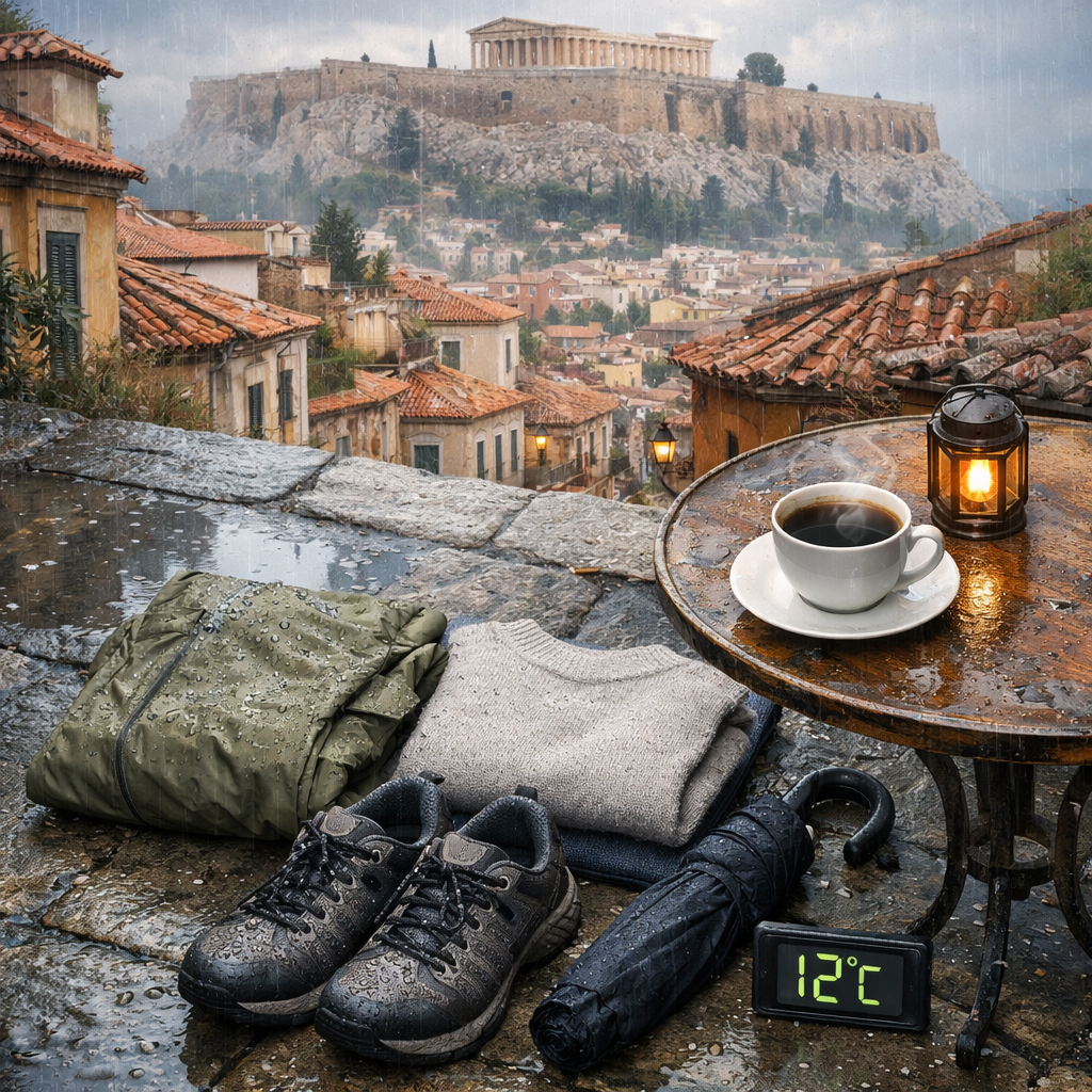 Rainy Athens Plaka travel flat lay with gear, 12°C thermometer, coffee, and Acropolis view, illustrating greece weather athens