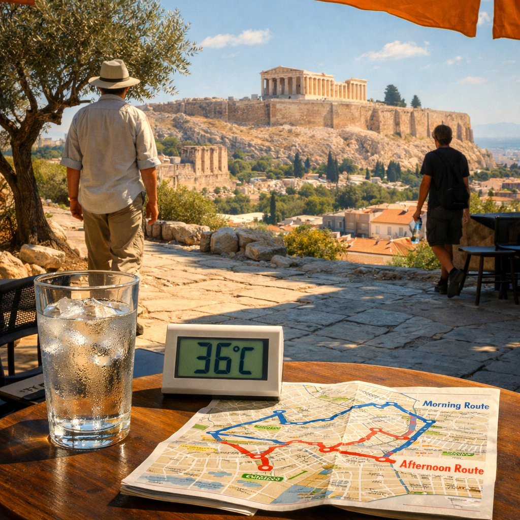 Athens heat scene with Parthenon, shaded café, 36°C thermometer, map, and travelers seeking shade; greece weather athens