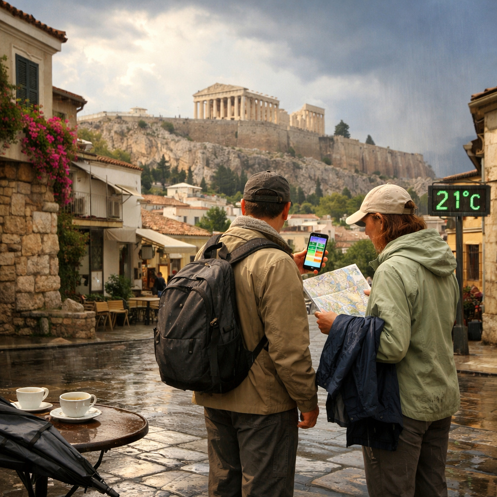 Travelers check a weather forecast and map at a rainy Plaka crossroads, with the Acropolis beyond; greece weather athens