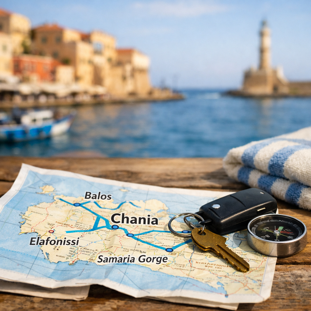 Map of western Crete with Chania, Balos, Elafonissi and Samaria Gorge beside a blurred harboru2014chania greece crete travel scene