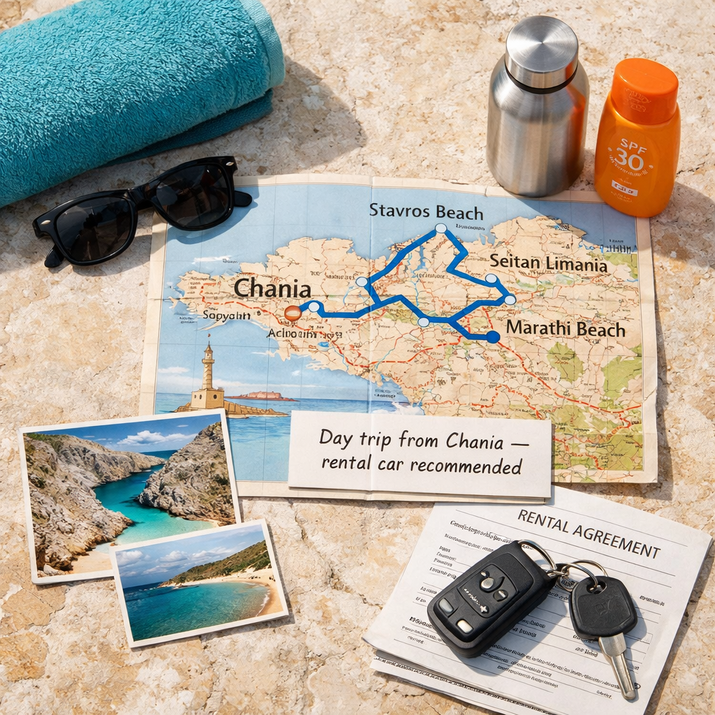 Travel flat lay for chania greece crete: map, beach gear, car key, rental agreement, and Seitan Limania photos.