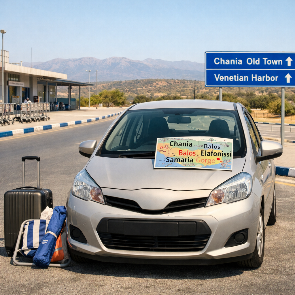 Rental car at Chania Greece Crete airport pickup bay with suitcase, Crete map, travel signs, olive hills, and blue sky.