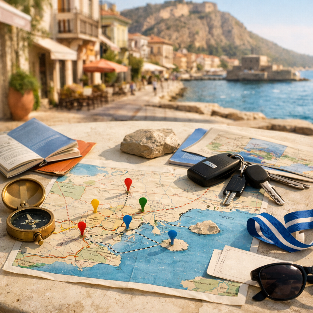 Nafplio in Greece travel map with colorful route pins, compass, keys, and coastal town landmarks on a sunlit cafu00e9 table.