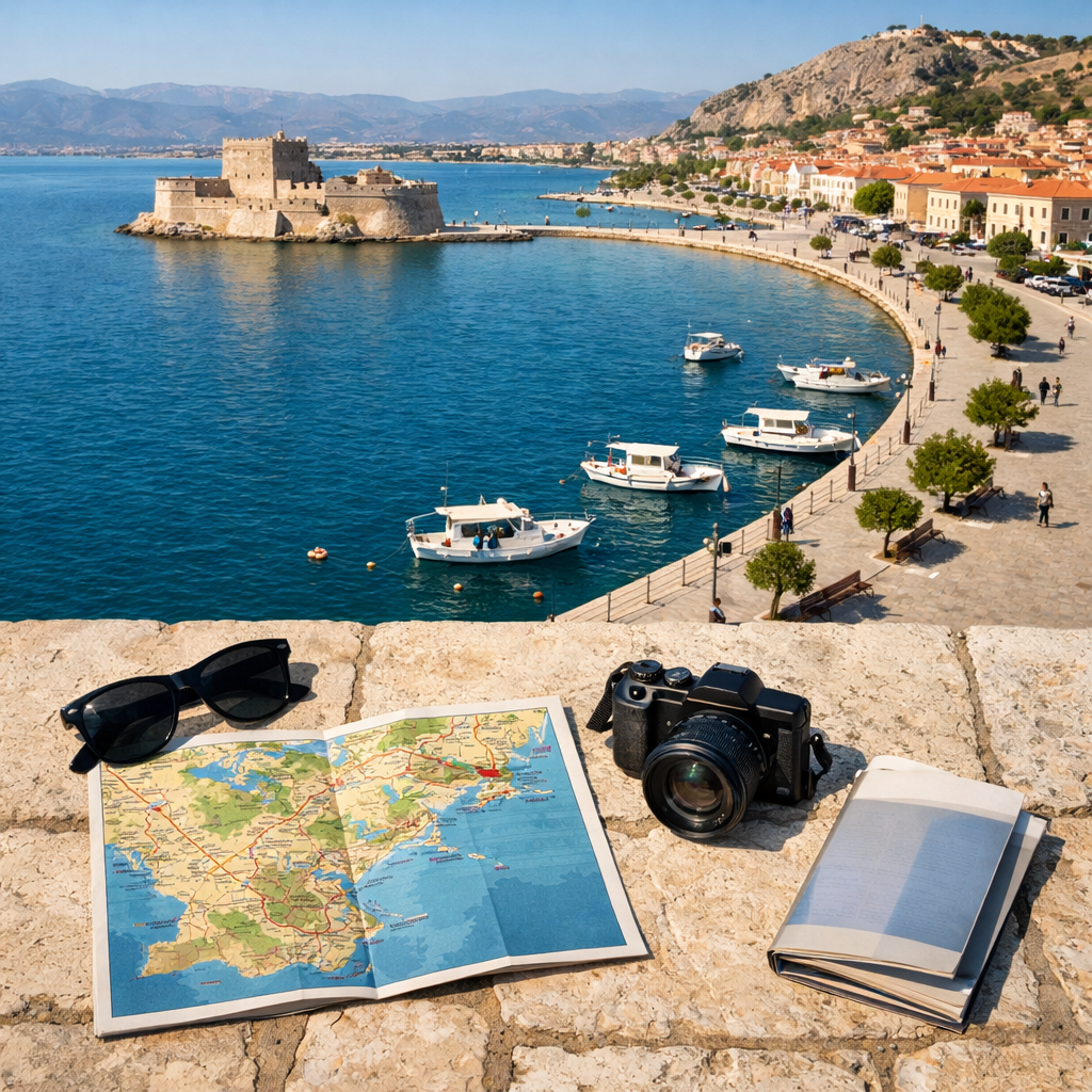 Aerial view of Nafplio in Greece waterfront, Bourtzi Fortress, boats, and travel items on the sunlit promenade.