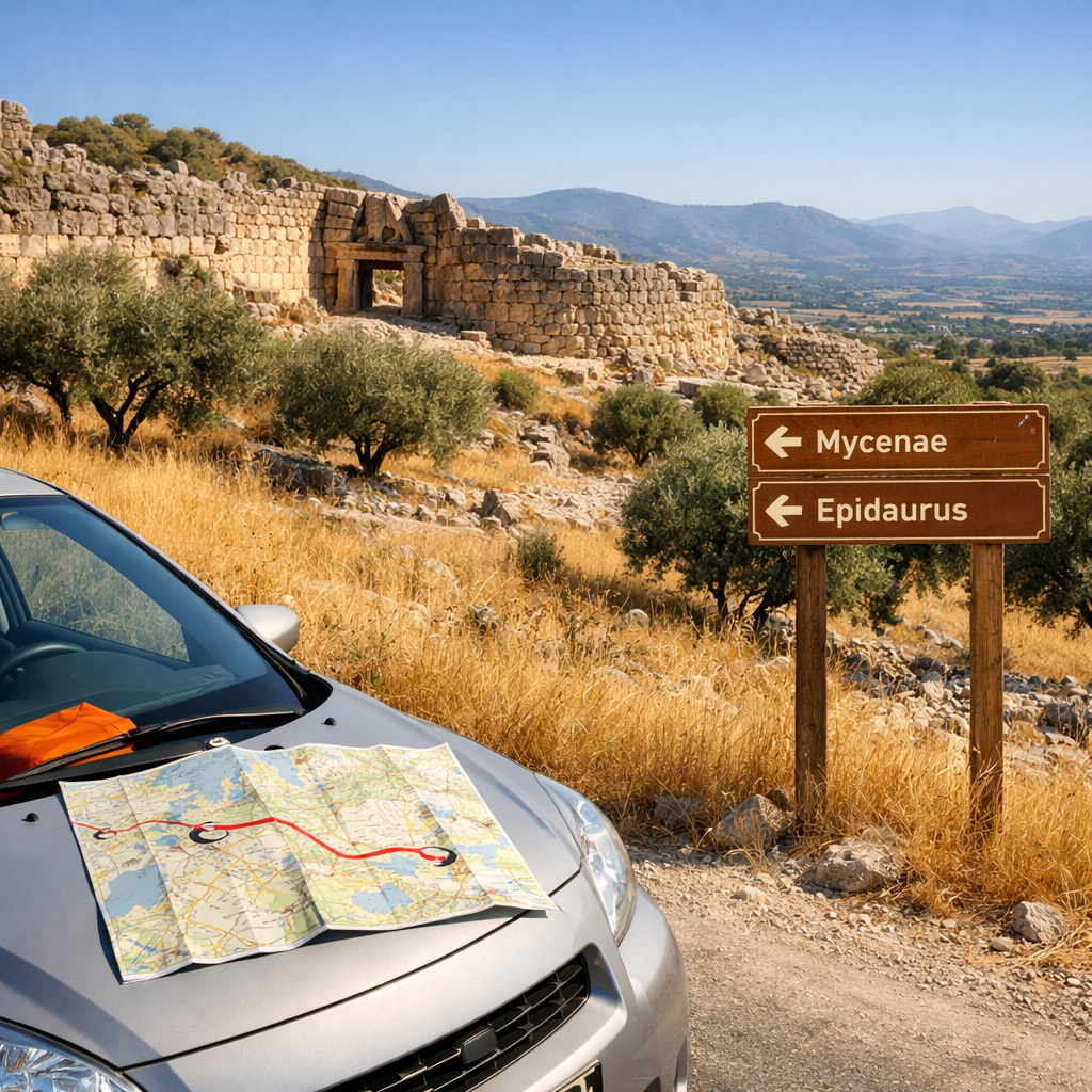 Car, road map, and Mycenae’s Lion Gate amid golden grasses and olive trees, illustrating a Nafplio in Greece day trip.