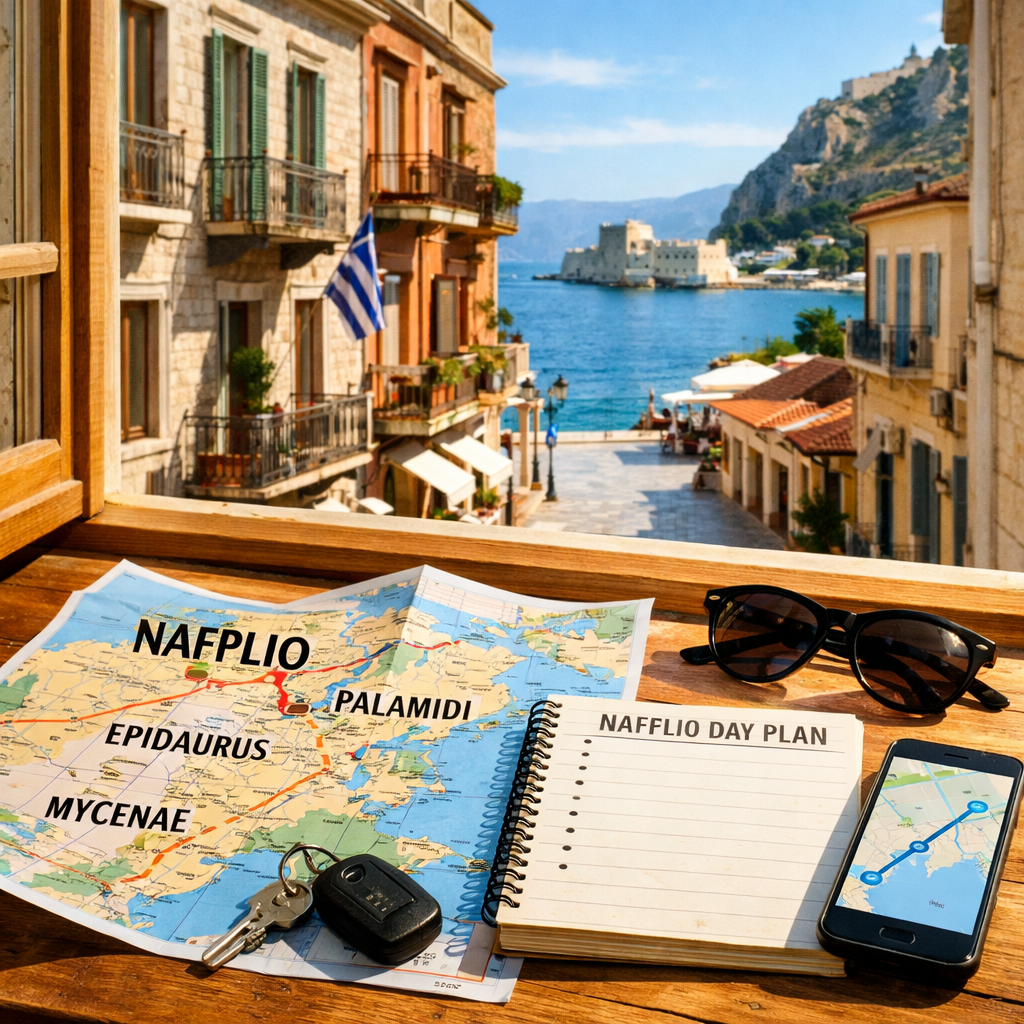 Nafplio in Greece itinerary with map, day plan, smartphone route, and car keys overlooking historic streets, harbor, and Bourtzi.