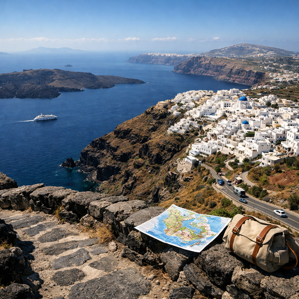 High-angle panorama of Santoriniu2019s whitewashed villages, volcanic caldera, blue domes, ferry, and rugged paths in greece and santorini