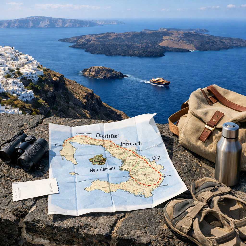 Greece and Santorini travel map, walking gear, caldera villages, cliffs, blue sea, and excursion boat on volcanic stone terrace