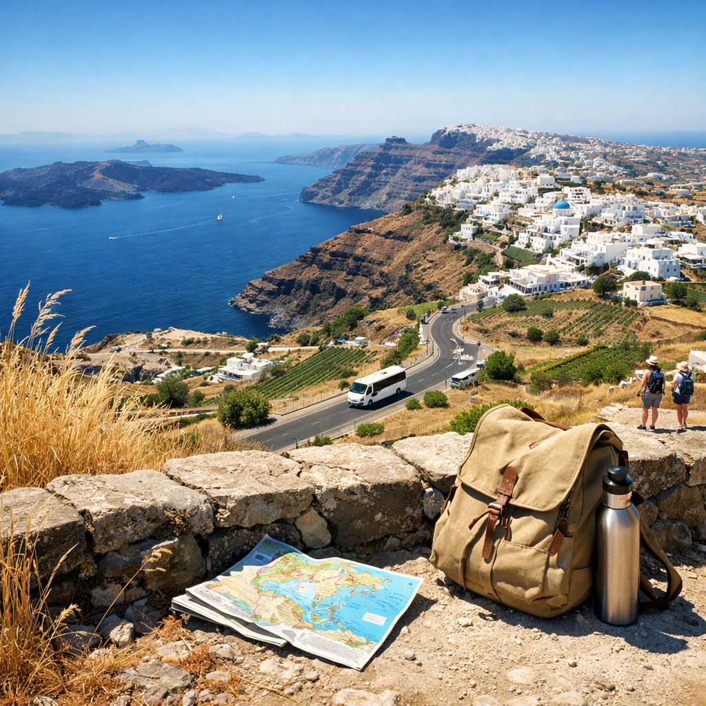 Greece and Santorini caldera view with white villages, blue domes, volcanic islands, road, map, bag, and water bottle in summer sun