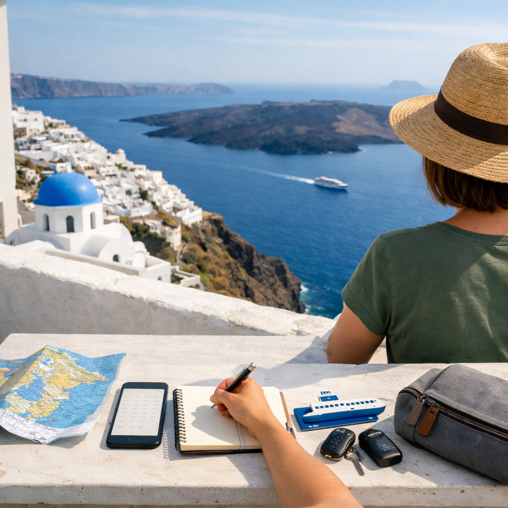 Traveler plans a Santorini itinerary with map, phone, tickets, and keys overlooking Fira, the caldera, and Aegean Sea, Greece and Santorini