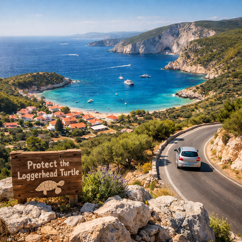 High-angle Zakynthos vista with coastal road, olive groves, turquoise bays, village, boats, and turtle sign; island of zante greece