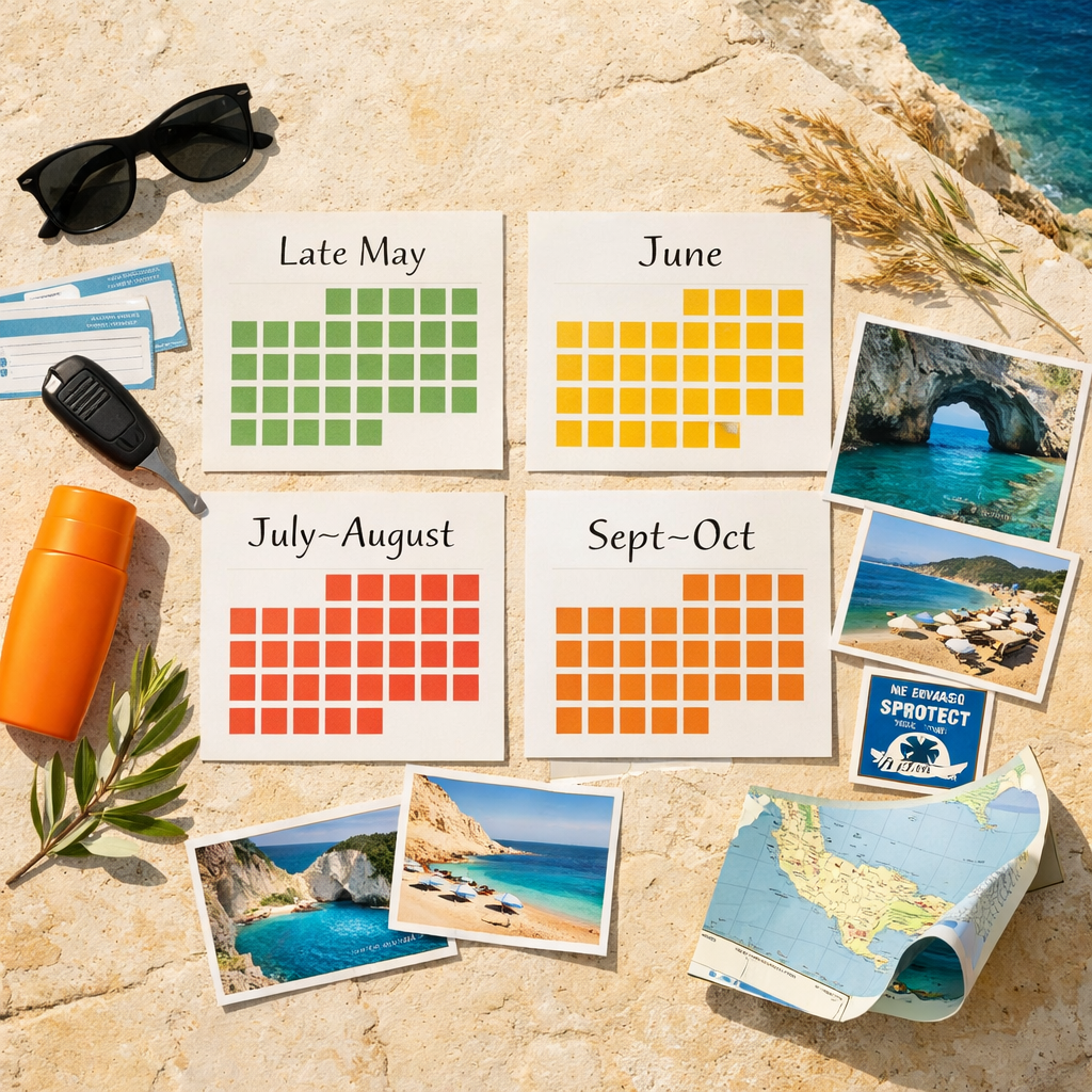 Flat lay of Zakynthos travel seasons with calendars, map, tickets, beach photos, and essentials on limestone; island of zante greece.