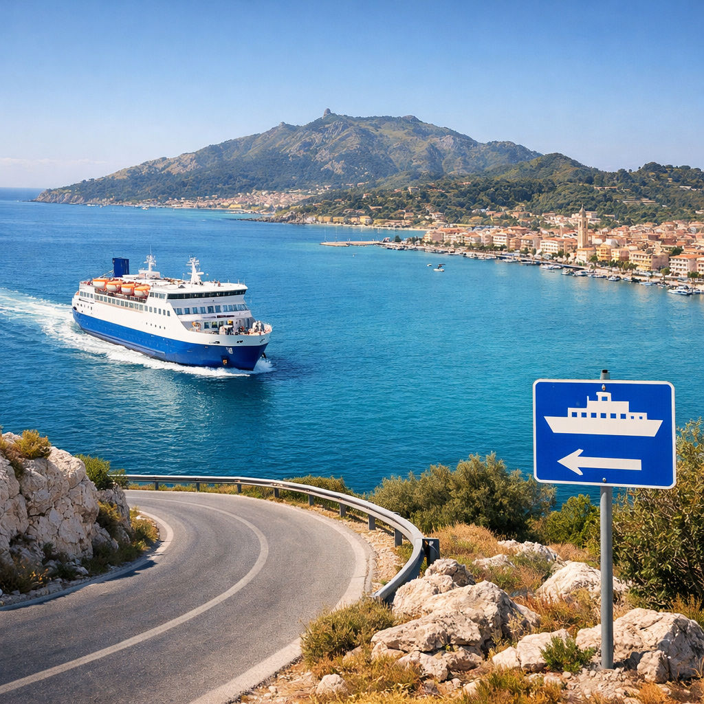 Ferry approaching Zakynthos Town, with turquoise sea, coastal road, and island hills in island of zante greece