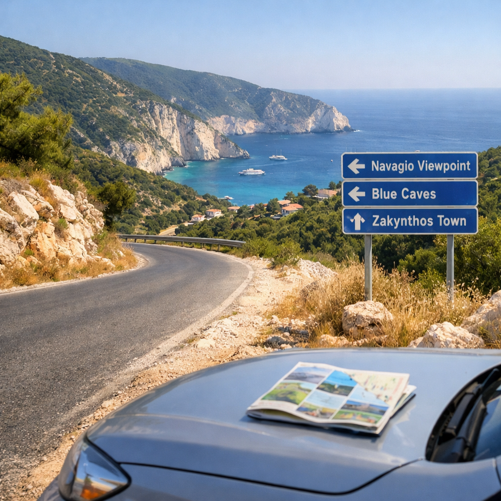 Rental car beside a winding road overlooking turquoise coves and hills on the island of zante greece.