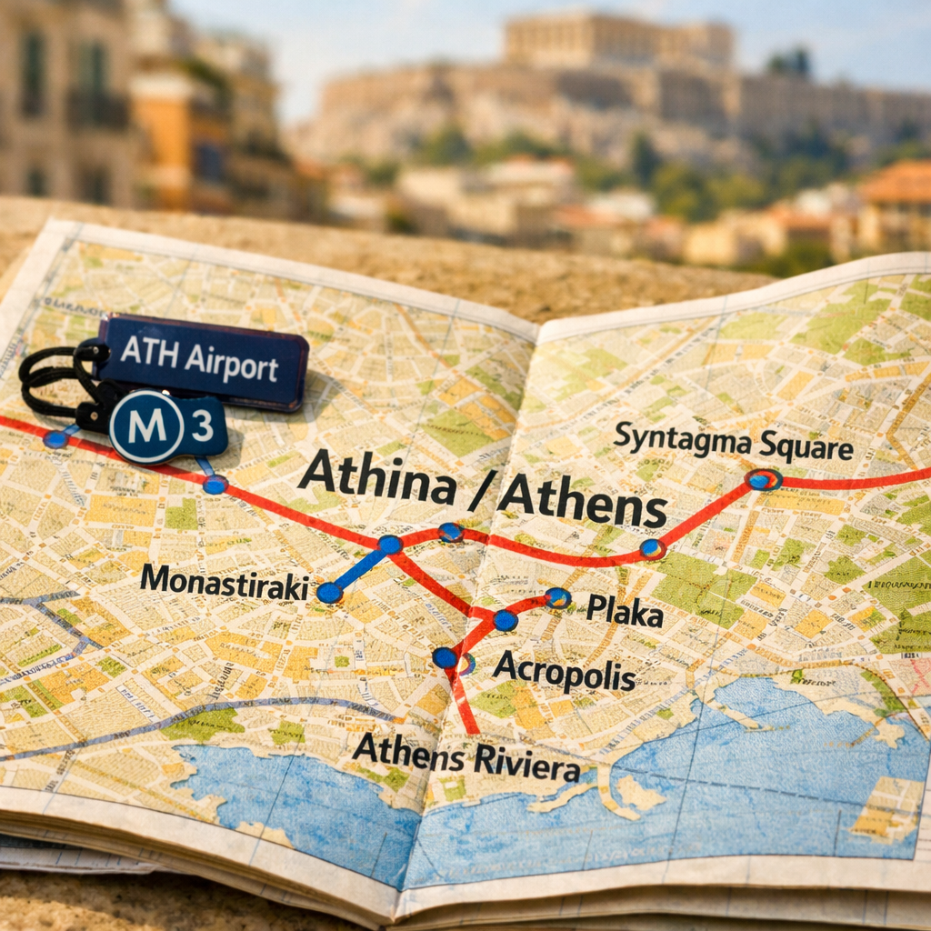 Open Athens map marked u201cathina athens,u201d routes and metro marker, with blurred Acropolis and Parthenon beyond.