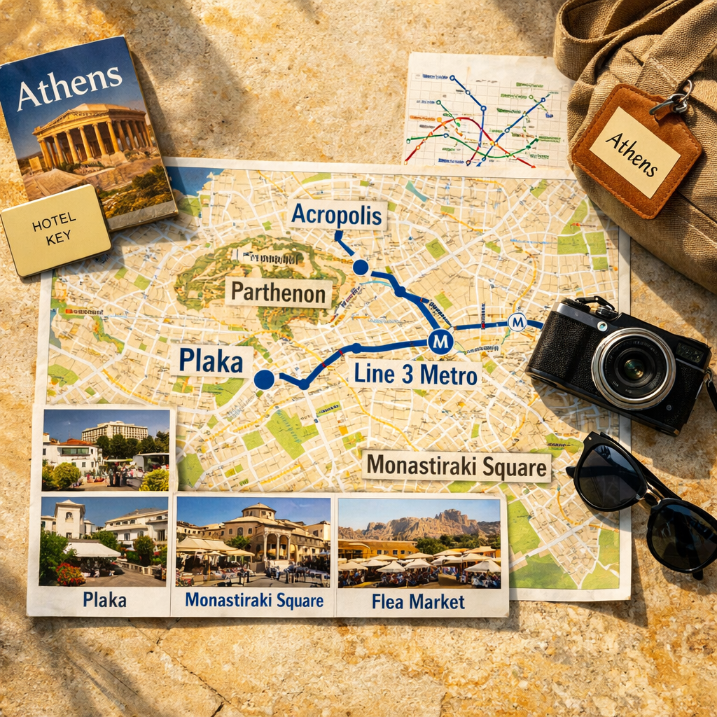 Overhead Athens travel flat lay with map route from Plaka to Monastiraki, metro map, guidebook, camera, and athina athens tag