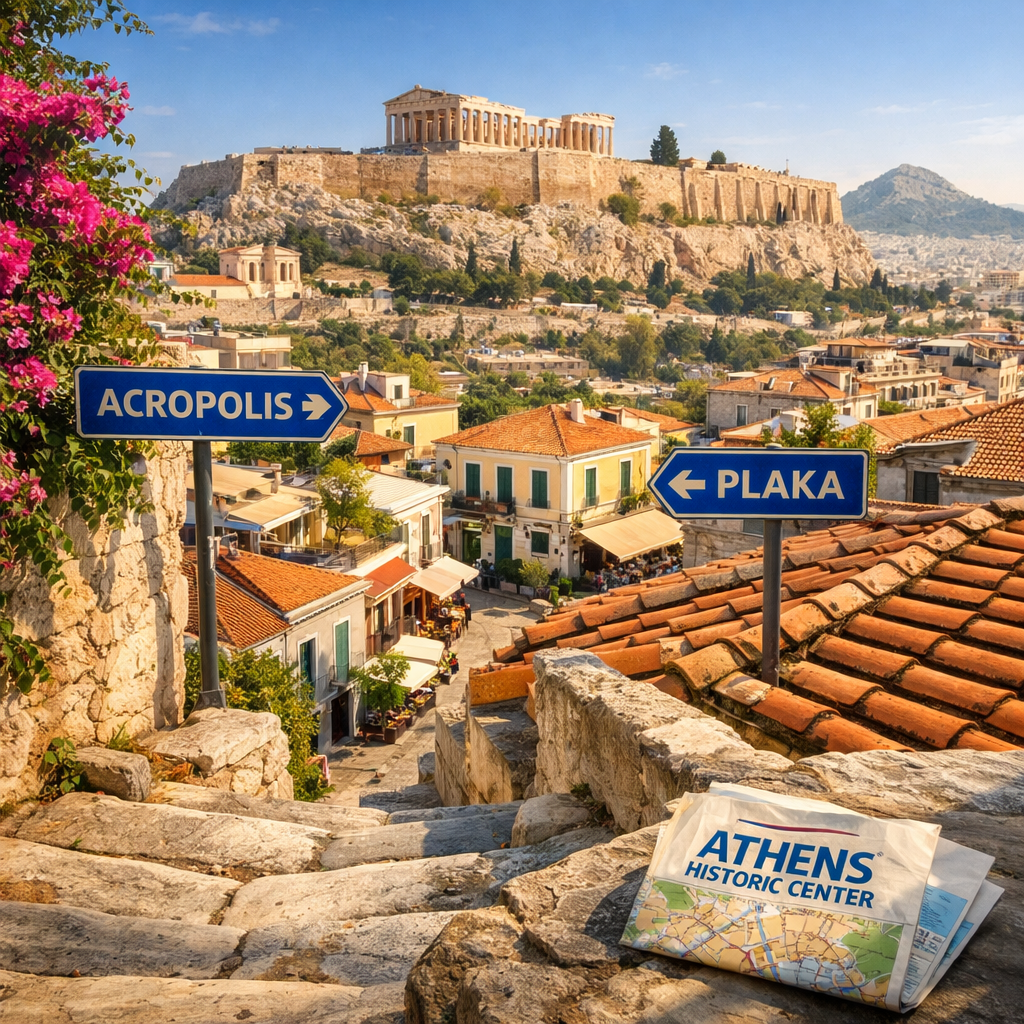 Historic Athens view from Plaka, with the sunlit Acropolis and Parthenon above city rooftops, labeled athina athens.
