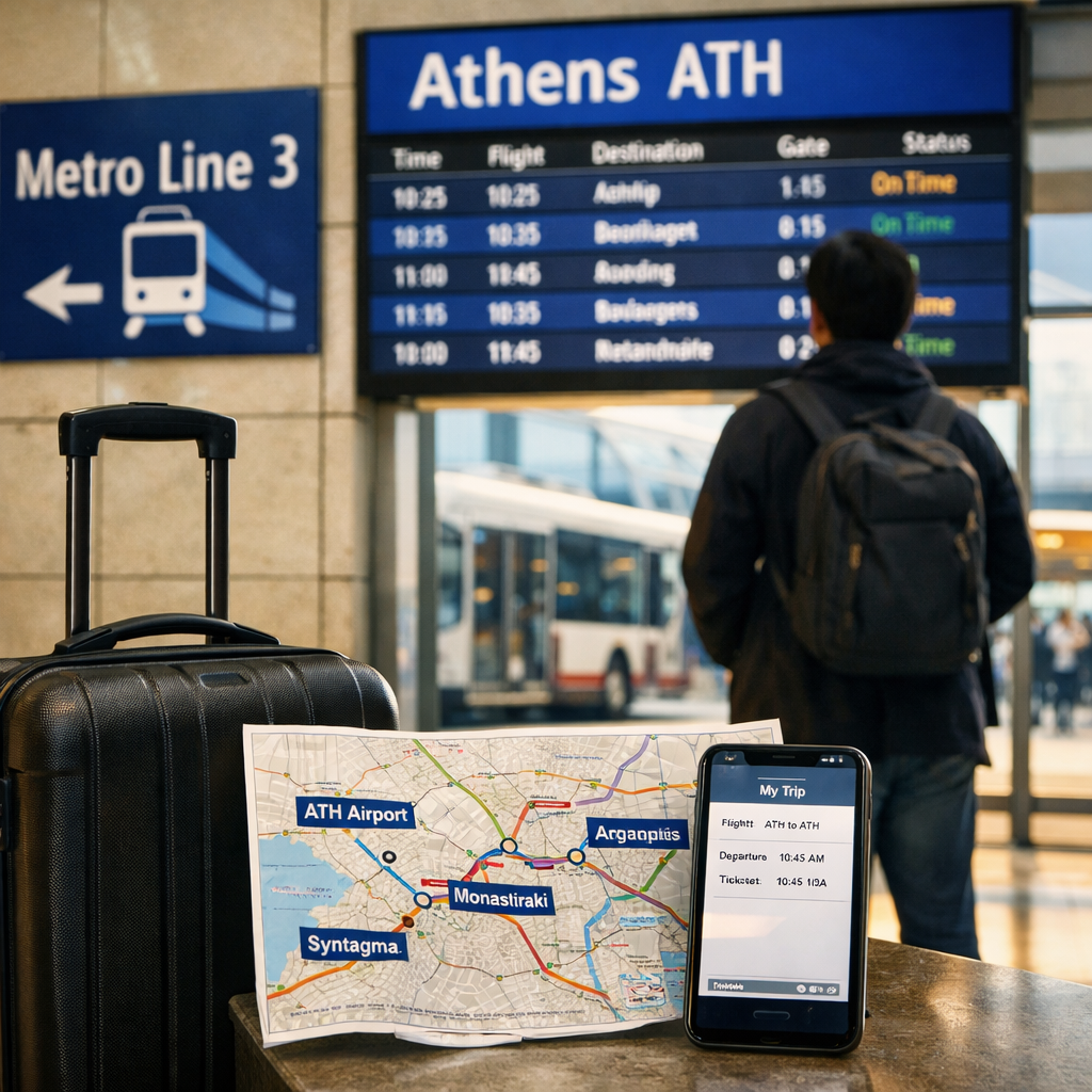 Athens airport board with “ATH” and Metro Line 3 sign, suitcase, map, and itinerary; athina athens travel planning.