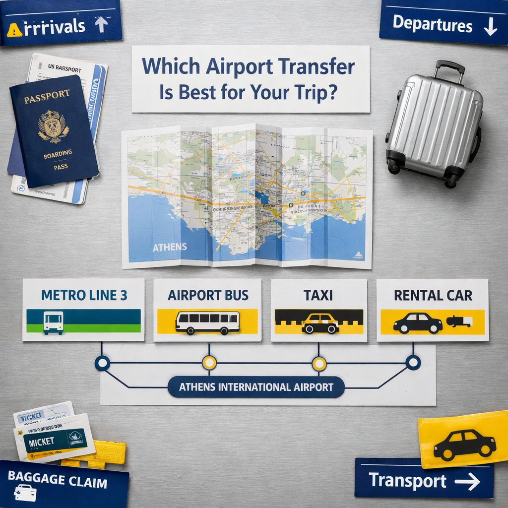 Flat lay of ATH airport transfer options—metro, bus, taxi and rental car—with map and travel items at athen eleftherios venizelos
