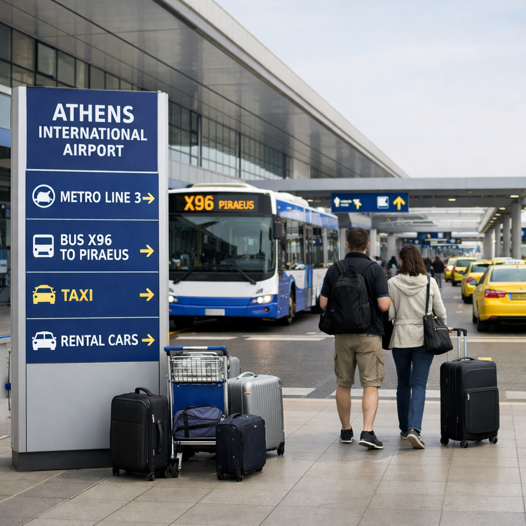 Athens airport forecourt with X96 Piraeus bus, wayfinding signs, luggage, and terminal entrance at athen eleftherios venizelos