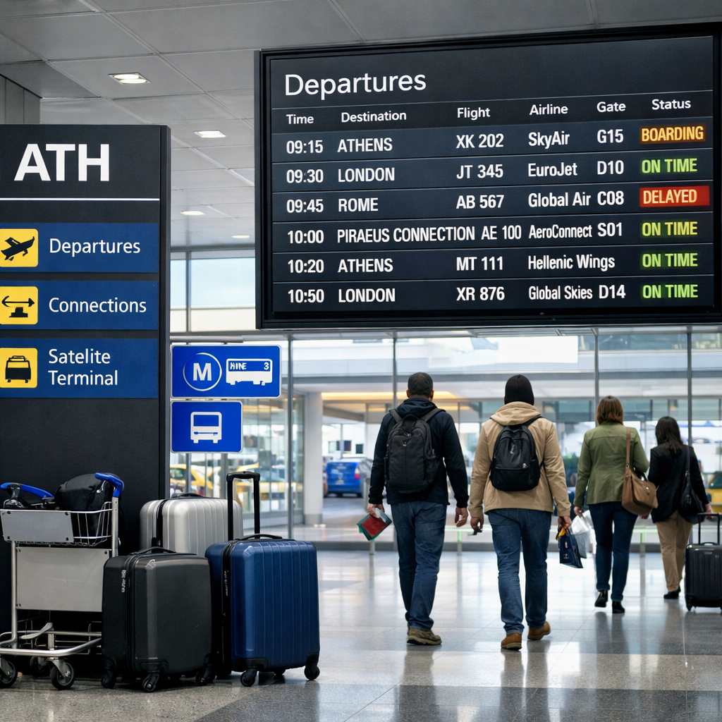 Athens airport departures screen, wayfinding signs, travelers, luggage, and terminal exterior at athen eleftherios venizelos