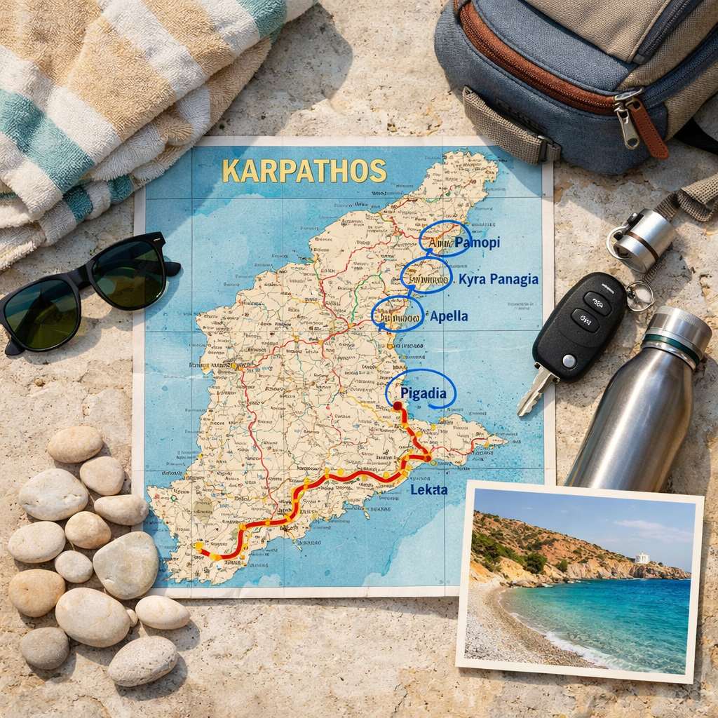 Flat lay map of Pigadia, beaches, and coastal route on the island of Karpathos Greece, with travel gear and beach photo.