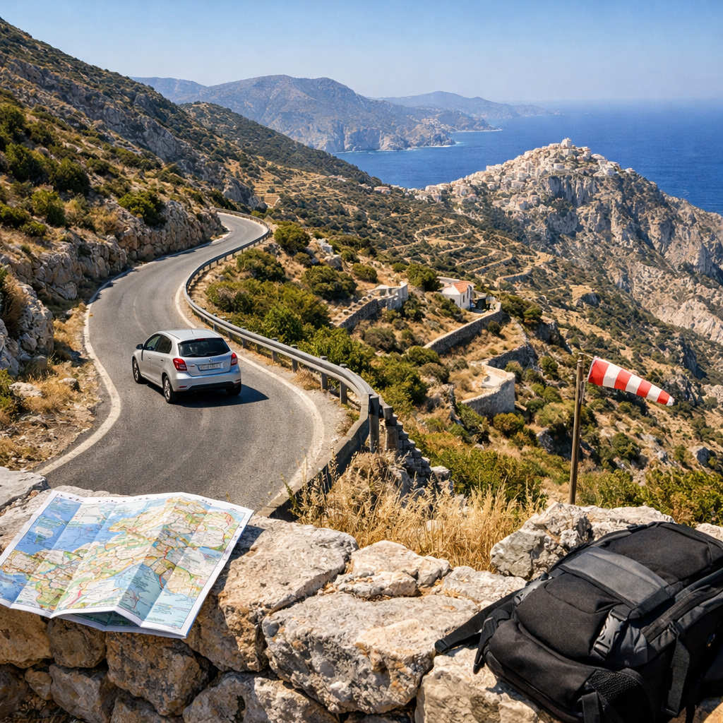 Car driving toward Olympos on a winding mountain road, with a map, backpack, sea, and pine ridges on the island of Karpathos Greece