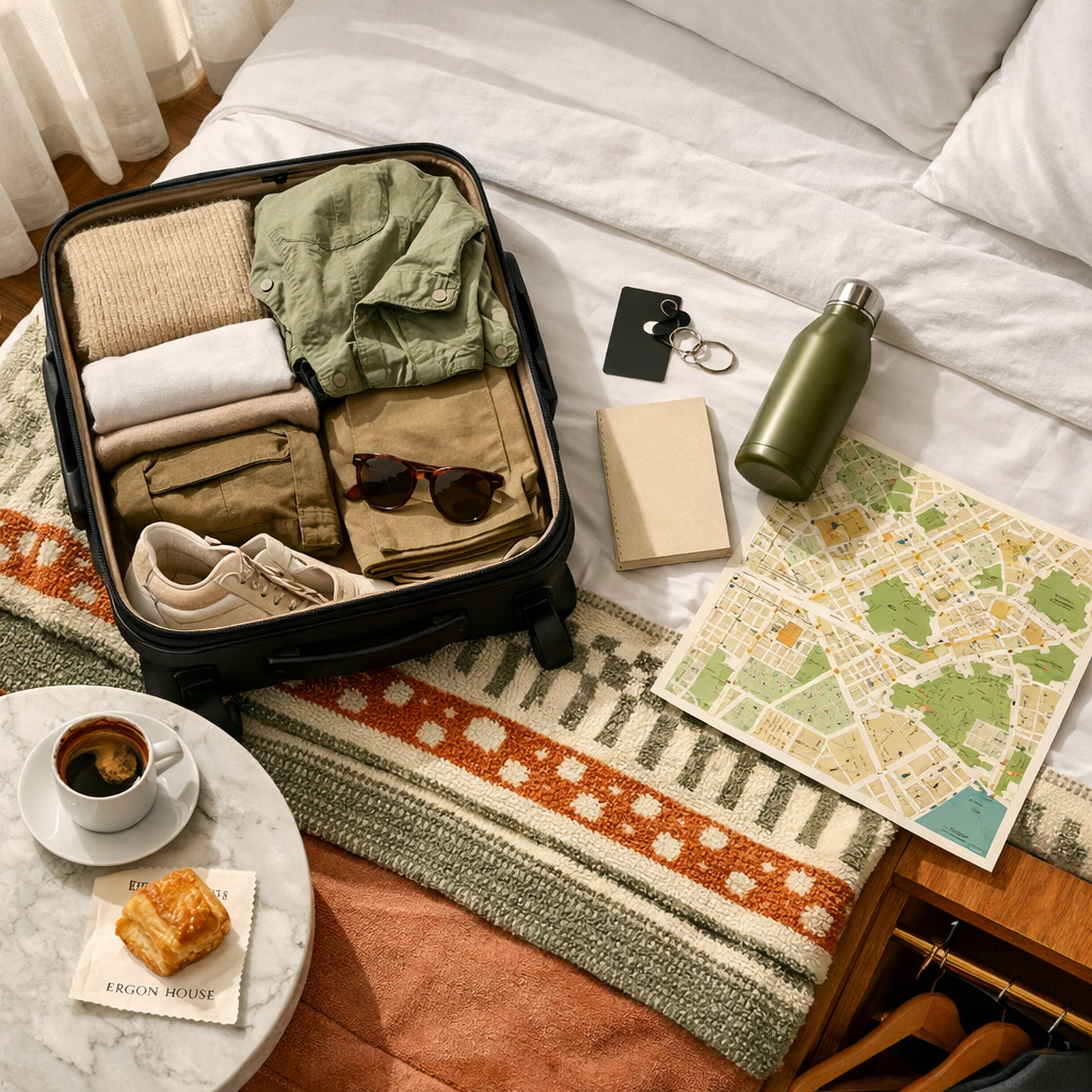 ergon house athens room flat lay with packed suitcase, map, Greek coffee, pastry, and city-break essentials by crisp bedding