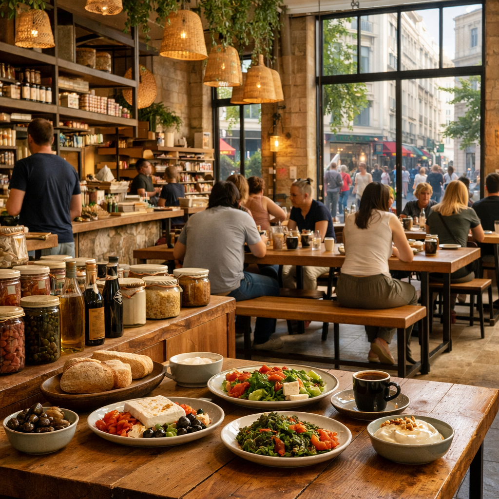 Ergon House Athens food hall with Greek dishes, communal tables, shoppers, and Athens street views through tall windows.