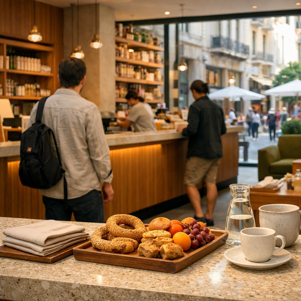 Ergon House Athens lobby and Greek food hall with pastries, guests, warm interiors, and lively Mitropoleos Street beyond windows