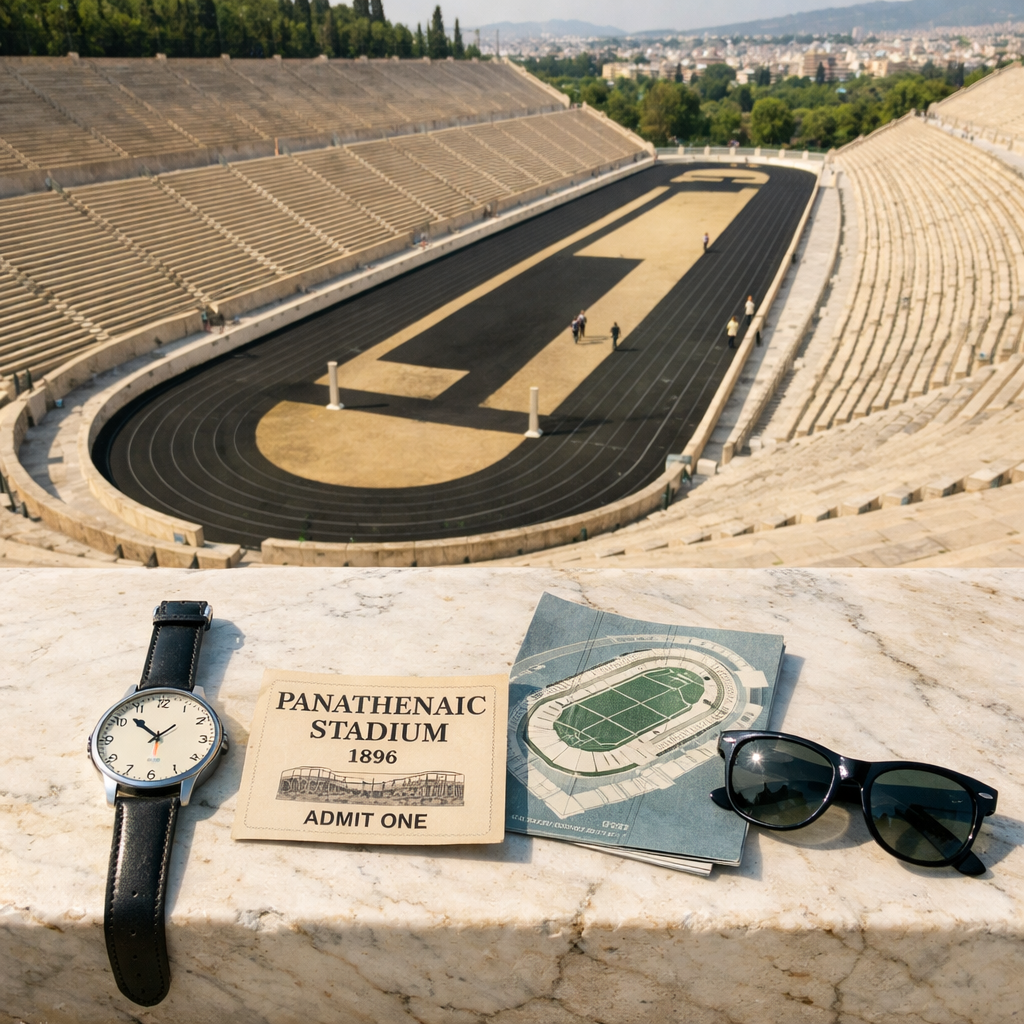 Overhead view of the Panathenaic Stadium with marble tiers, track, ticket, map, watch, and sunglasses in sunlight.