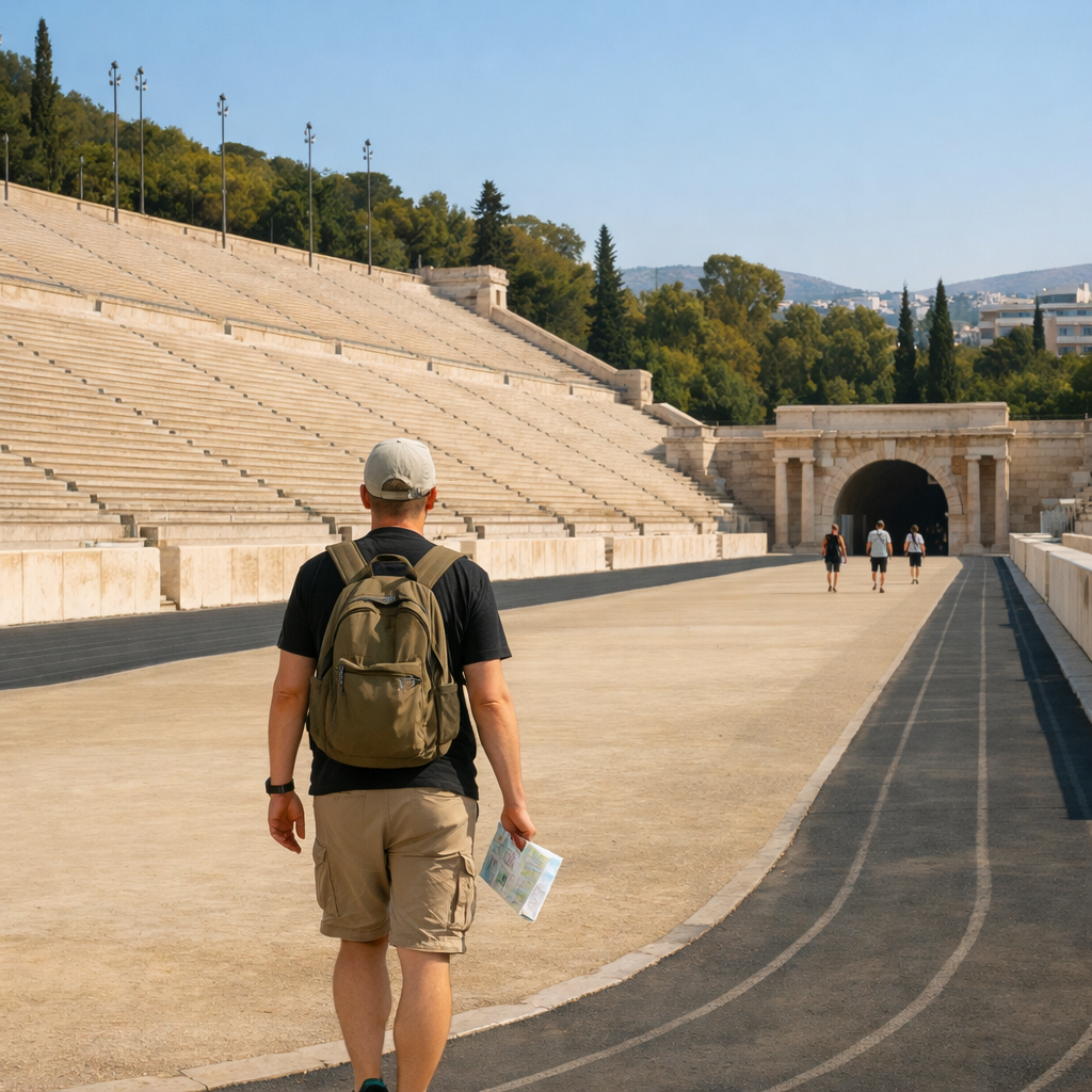 Visitor walking with a map along the track toward the marble tunnel at panathenaic stadium in Athens.