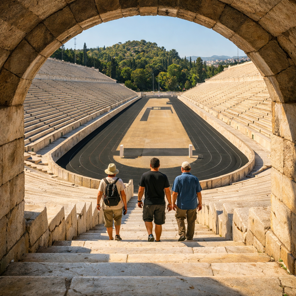 Visitors descend a central marble stairway toward the track inside the panathenaic stadium, framed by white seating tiers.